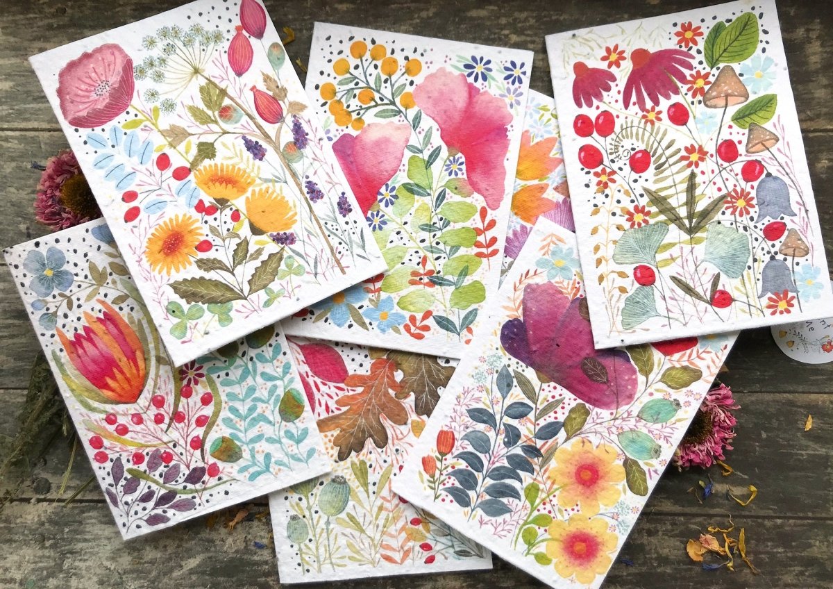 Plantable Seed Paper Card Birthday: Watercolor Floral Note Cards (Set of 6) - Erika's Whimsical Art