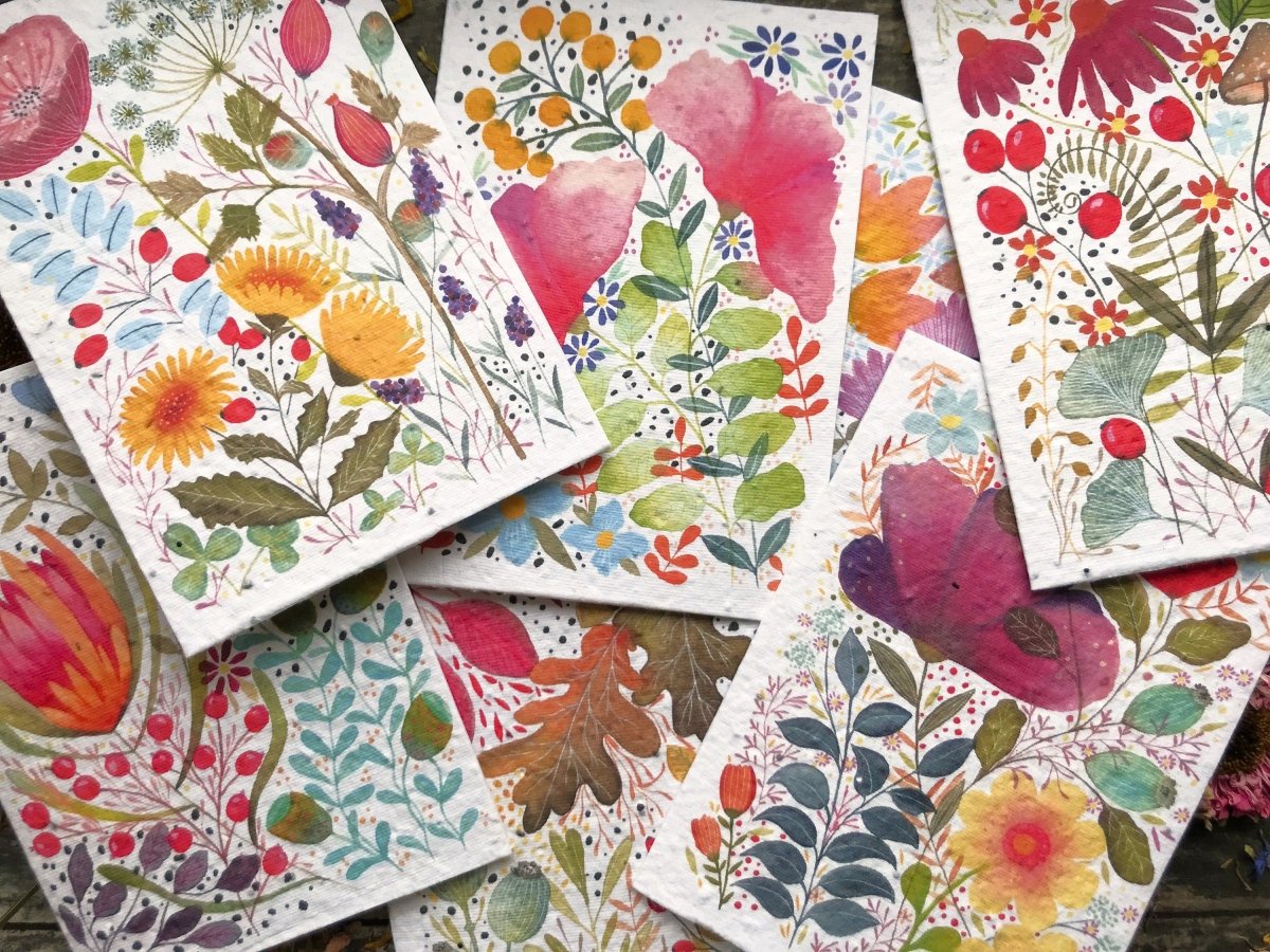 Plantable Seed Paper Card Birthday: Watercolor Floral Note Cards (Set of 6) - Erika's Whimsical Art