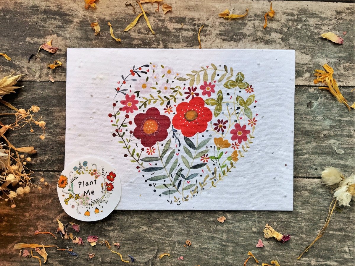 Plantable Seed Paper Card: Floral Heart, Eco - Friendly A6 - Erika's Whimsical Art