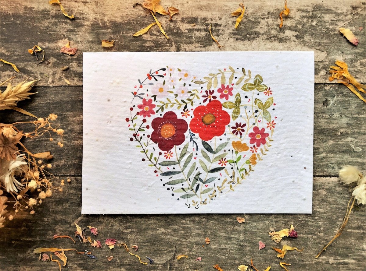 Plantable Seed Paper Card: Floral Heart, Eco - Friendly A6 - Erika's Whimsical Art