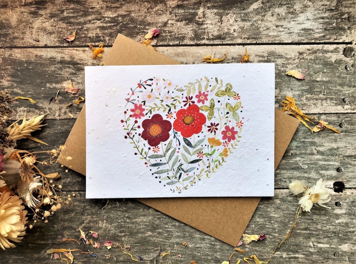 Plantable Seed Paper Card: Floral Heart, Eco - Friendly A6 - Erika's Whimsical Art