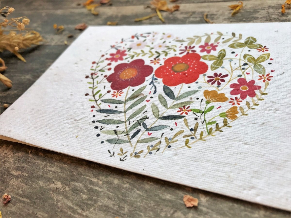 Plantable Seed Paper Card: Floral Heart, Eco - Friendly A6 - Erika's Whimsical Art