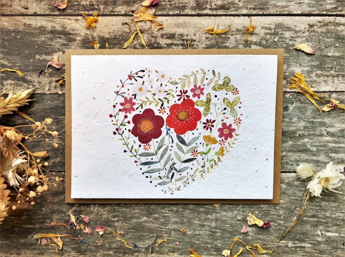 Plantable Seed Paper Card: Floral Heart, Eco - Friendly A6 - Erika's Whimsical Art
