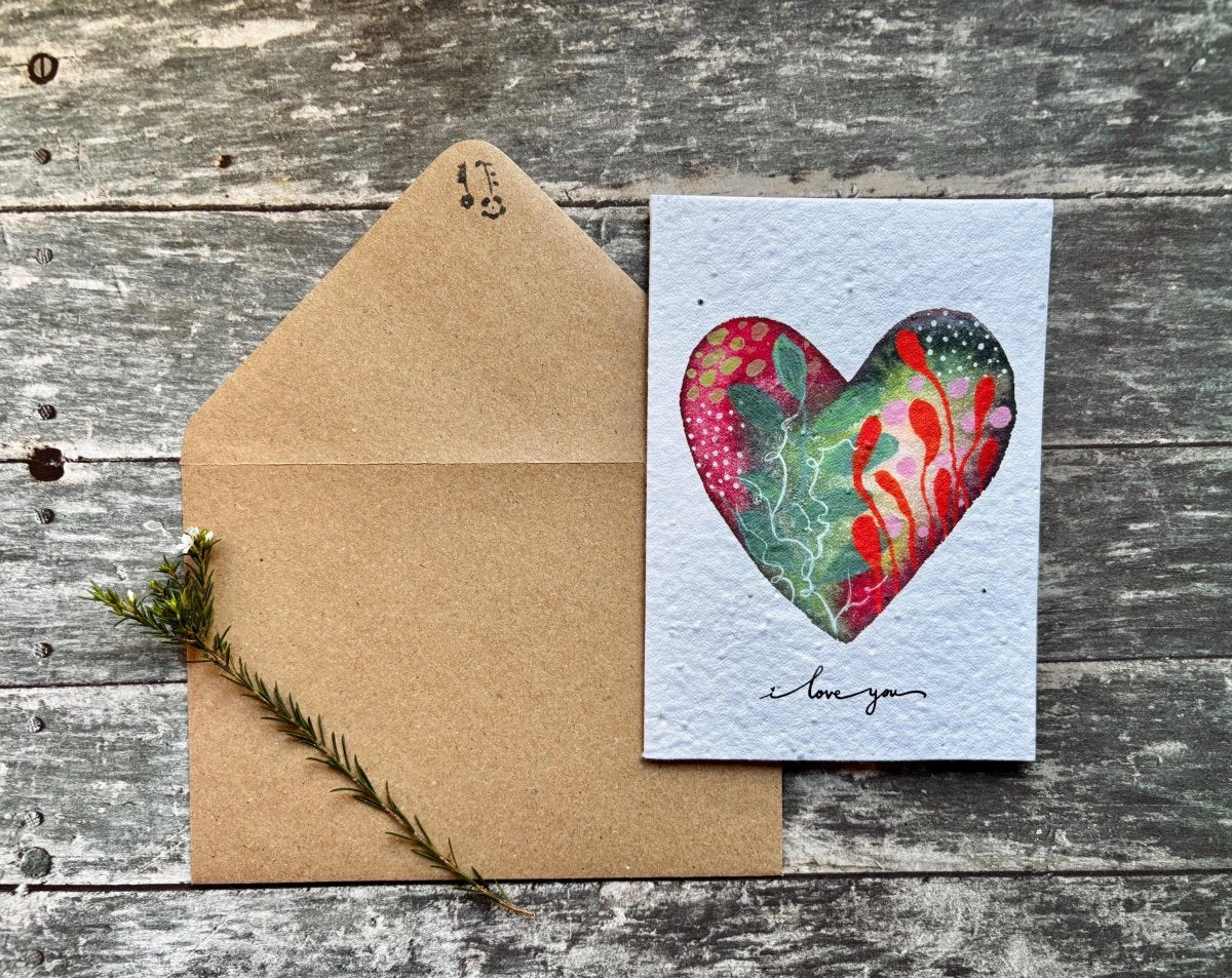 Plantable Seed Paper Card – "I Love You" Wildflower Heart - Erika's Whimsical Art