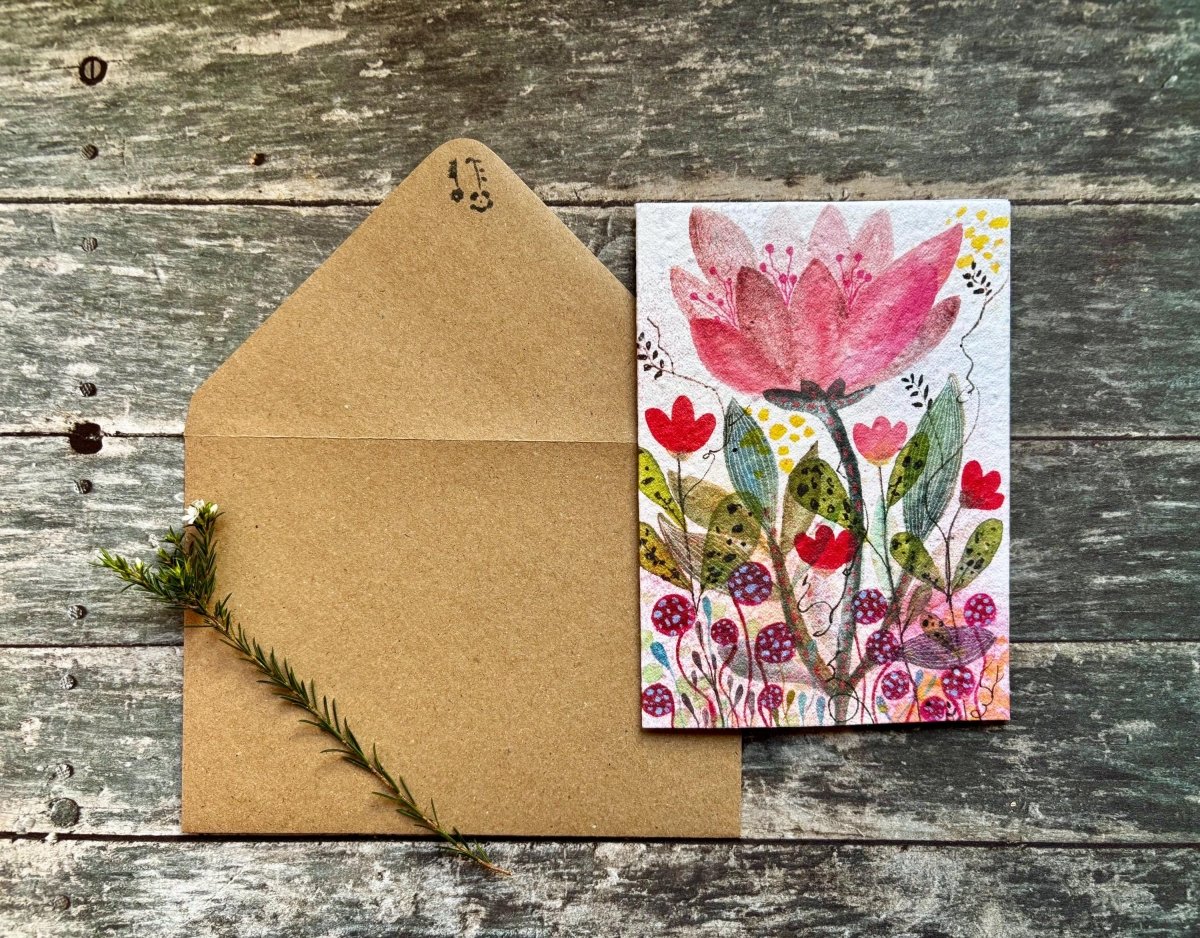 Plantable Seed Paper Card – Pink Flower Meadow Greeting Card - Erika's Whimsical Art