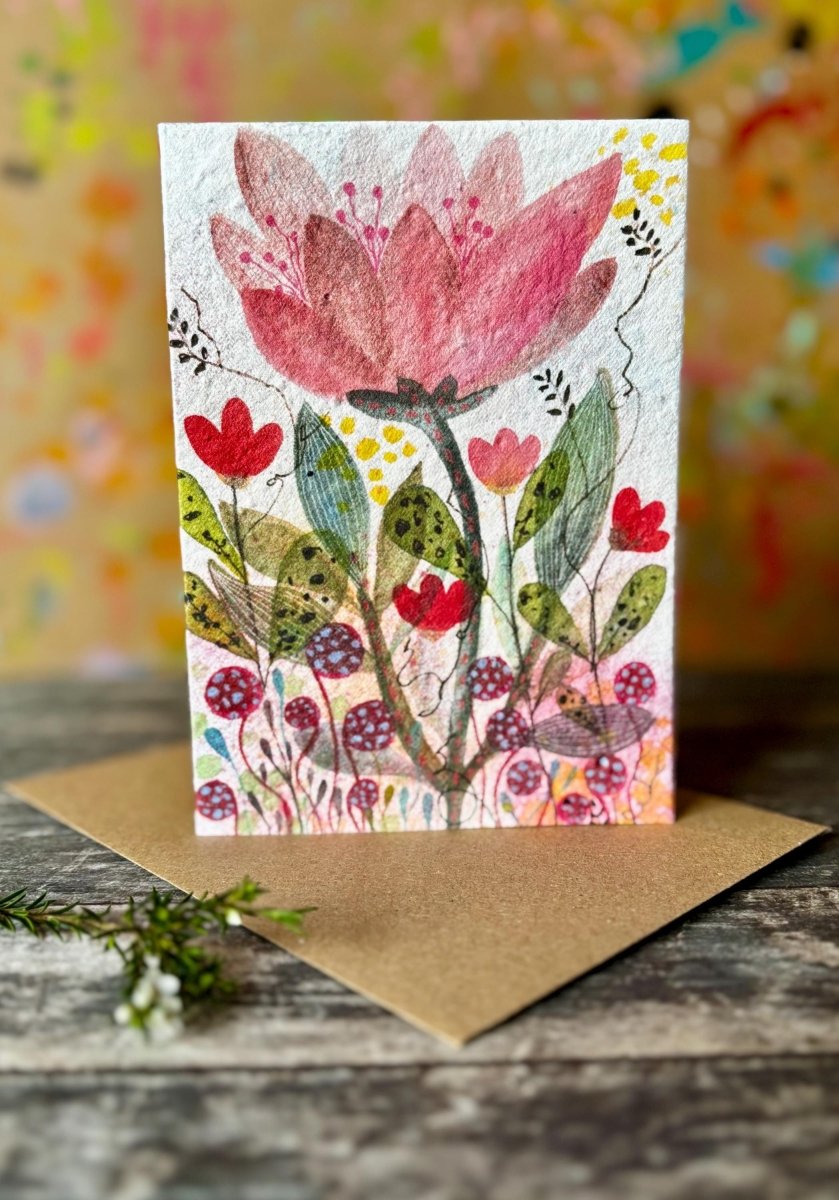Plantable Seed Paper Card – Pink Flower Meadow Greeting Card - Erika's Whimsical Art