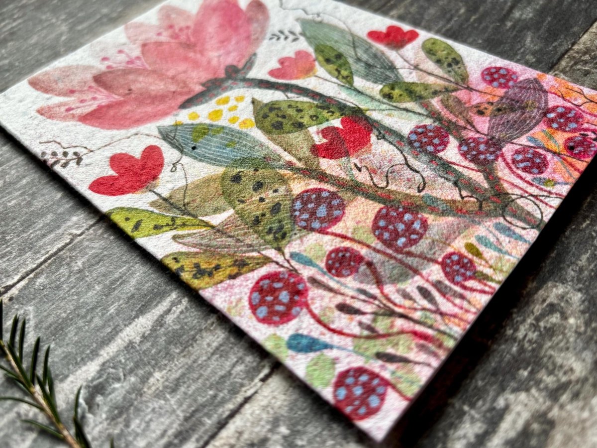 Plantable Seed Paper Card – Pink Flower Meadow Greeting Card - Erika's Whimsical Art