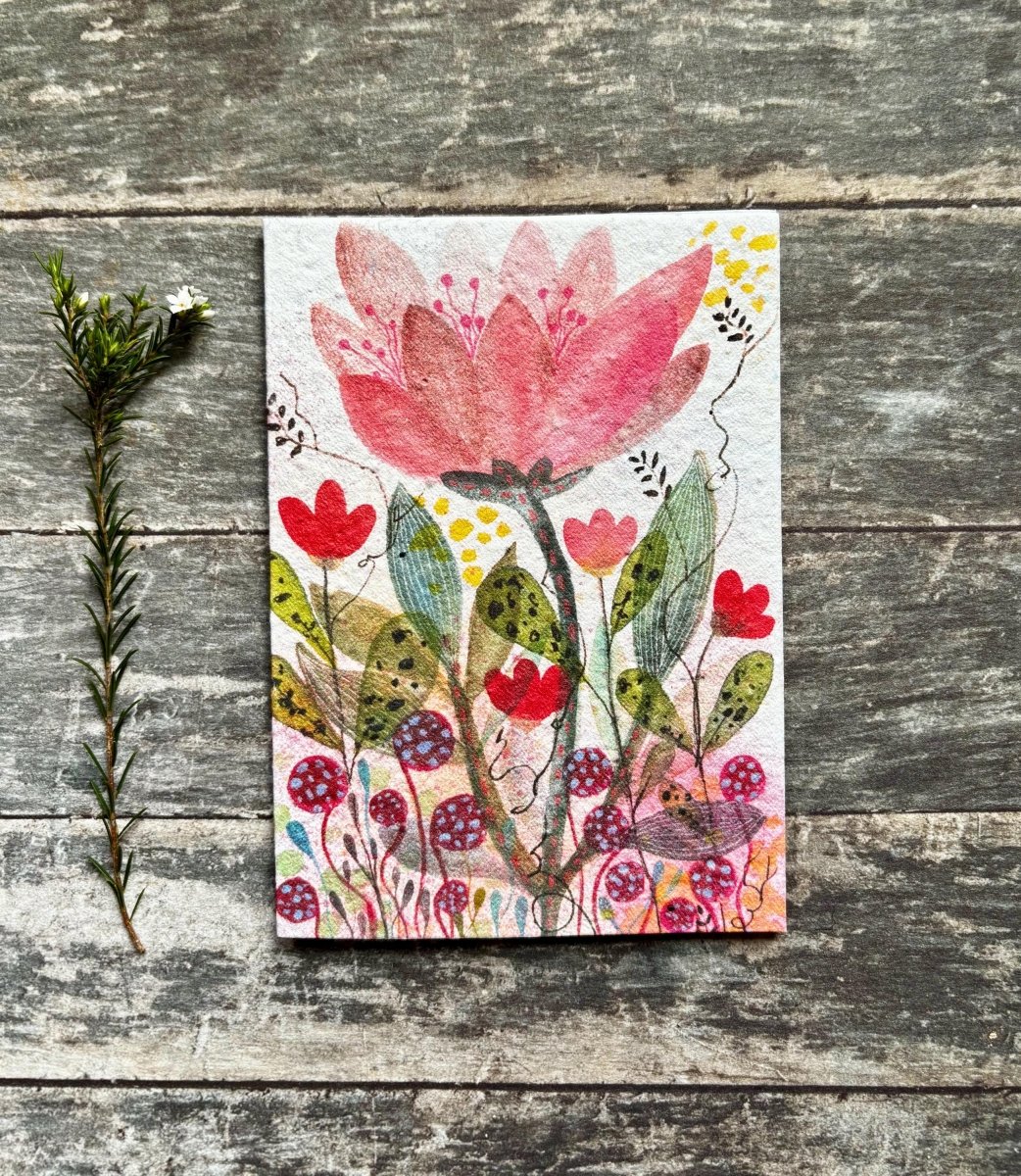 Plantable Seed Paper Card – Pink Flower Meadow Greeting Card - Erika's Whimsical Art