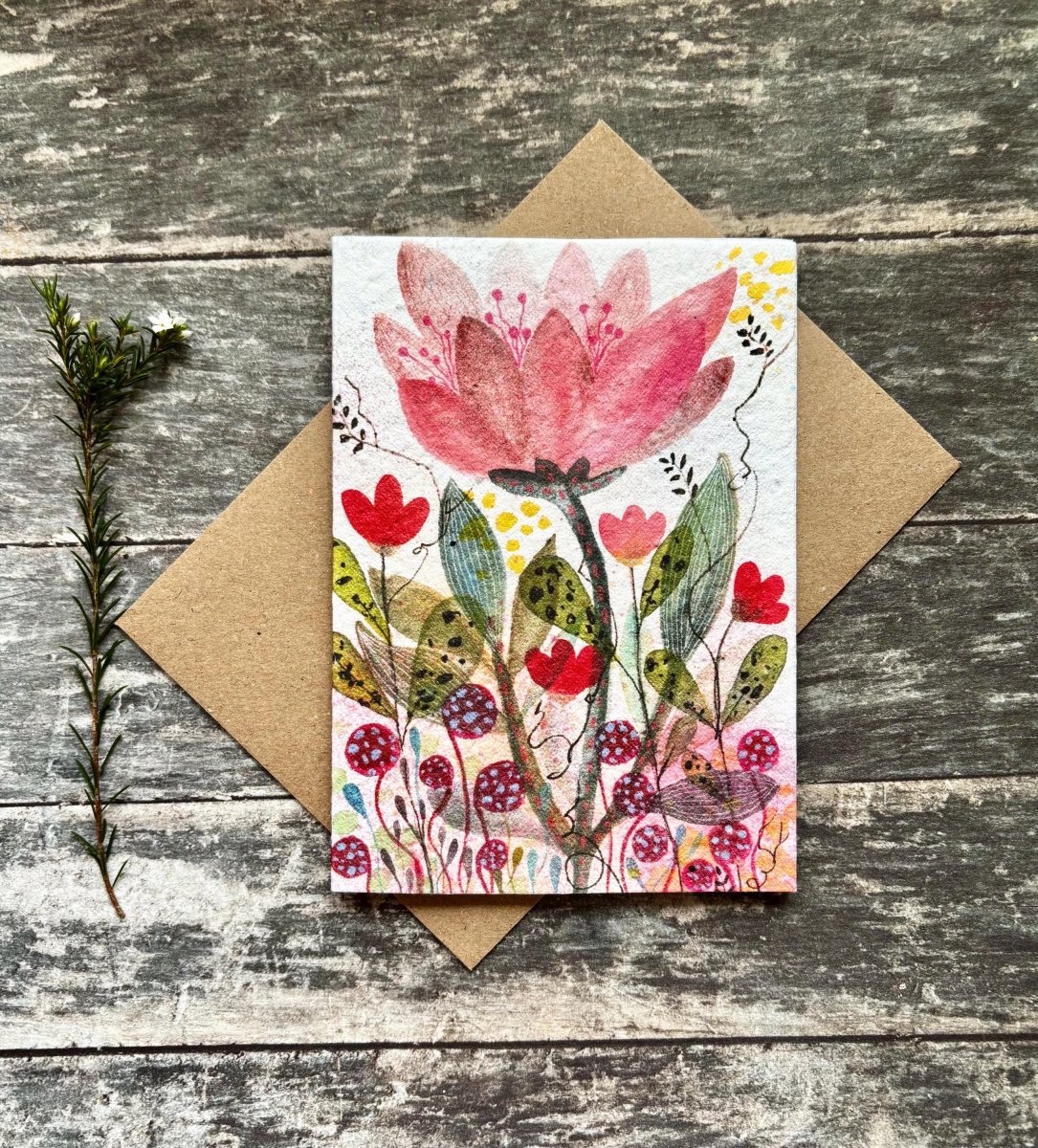 Plantable Seed Paper Card – Pink Flower Meadow Greeting Card - Erika's Whimsical Art