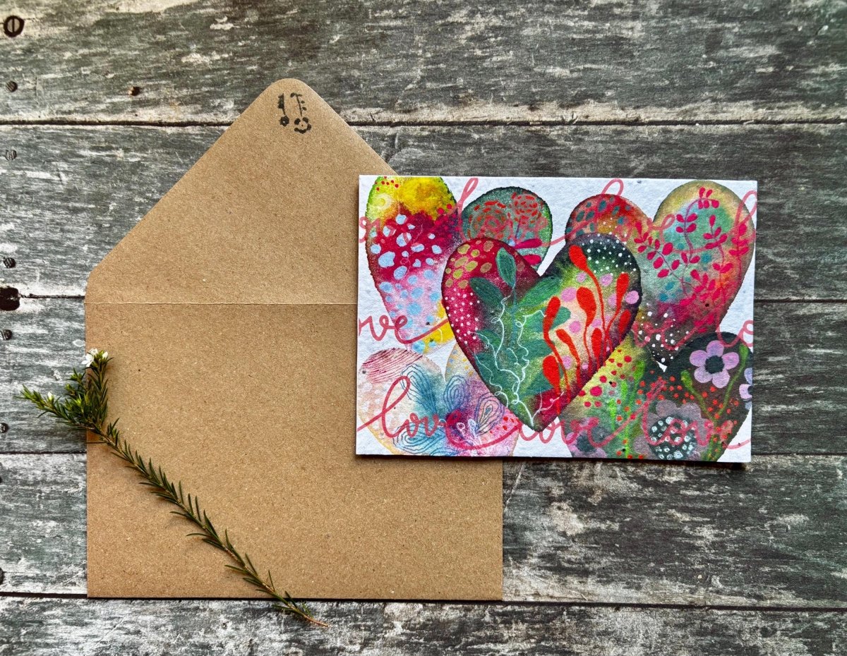 Plantable Seed Paper Card – Rainbow Hearts Love Greeting, Wildflower Seeds - Erika's Whimsical Art