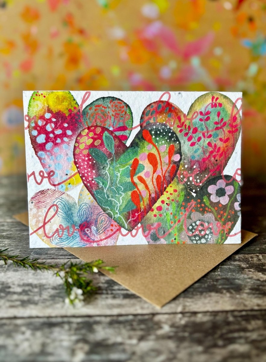 Plantable Seed Paper Card – Rainbow Hearts Love Greeting, Wildflower Seeds - Erika's Whimsical Art