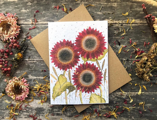 Plantable Seed Paper Card: Red Sunflower Watercolor Art - Erika's Whimsical Art