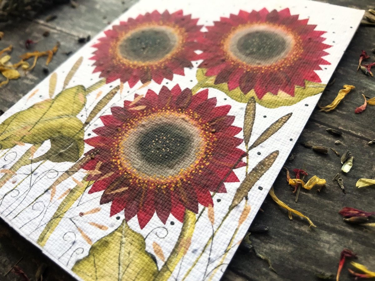 Plantable Seed Paper Card: Red Sunflower Watercolor Art - Erika's Whimsical Art