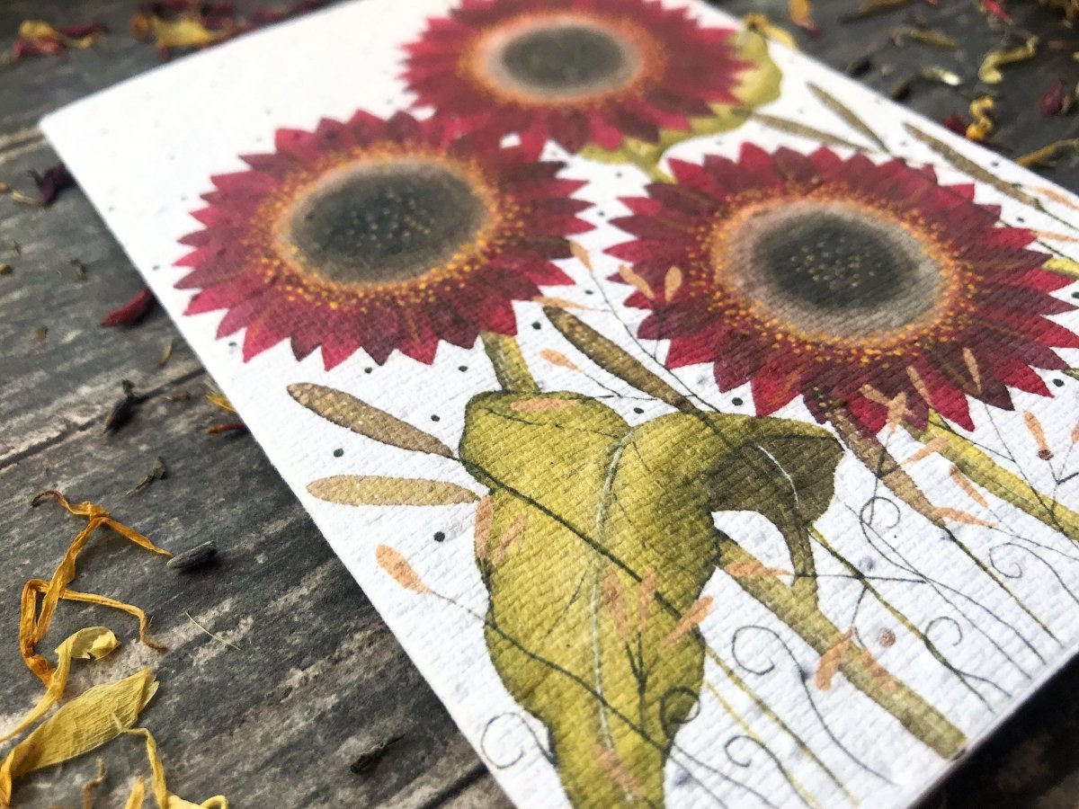 Plantable Seed Paper Card: Red Sunflower Watercolor Art - Erika's Whimsical Art