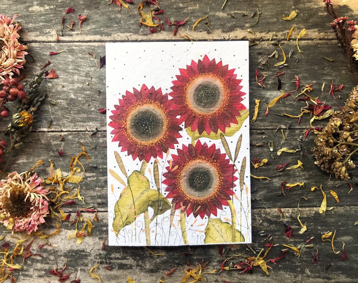 Plantable Seed Paper Card: Red Sunflower Watercolor Art - Erika's Whimsical Art