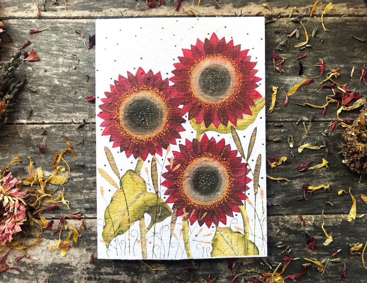 Plantable Seed Paper Card: Red Sunflower Watercolor Art - Erika's Whimsical Art