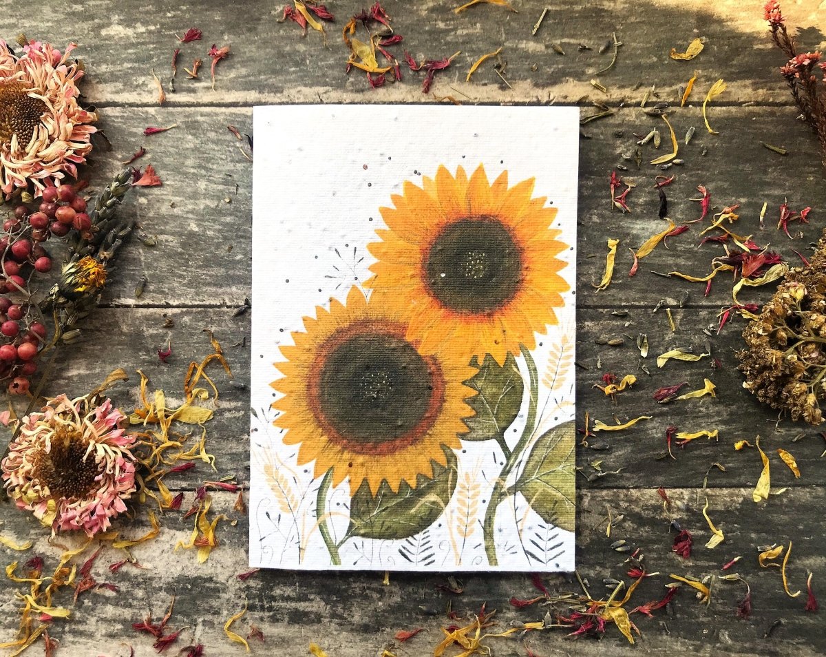 Plantable Seed Paper Card: Sunflower Watercolor, Eco - Friendly Floral Art - Erika's Whimsical Art
