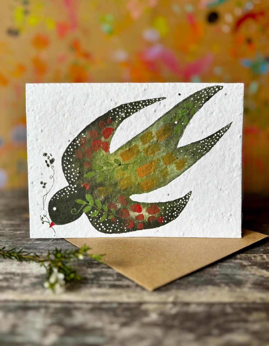 Plantable Seed Paper Card – Swallow Bird Illustration, Eco - Friendly Greeting - Erika's Whimsical Art