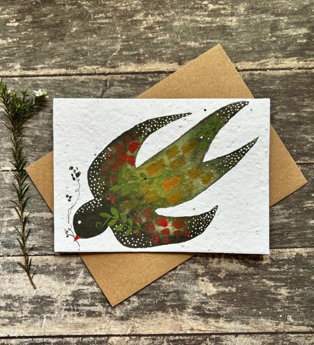 Plantable Seed Paper Card – Swallow Bird Illustration, Eco - Friendly Greeting - Erika's Whimsical Art