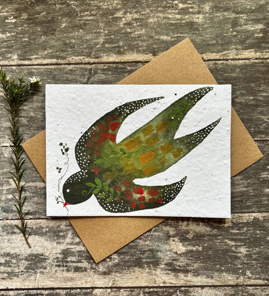 Plantable Seed Paper Card – Swallow Bird Illustration, Eco - Friendly Greeting - Erika's Whimsical Art