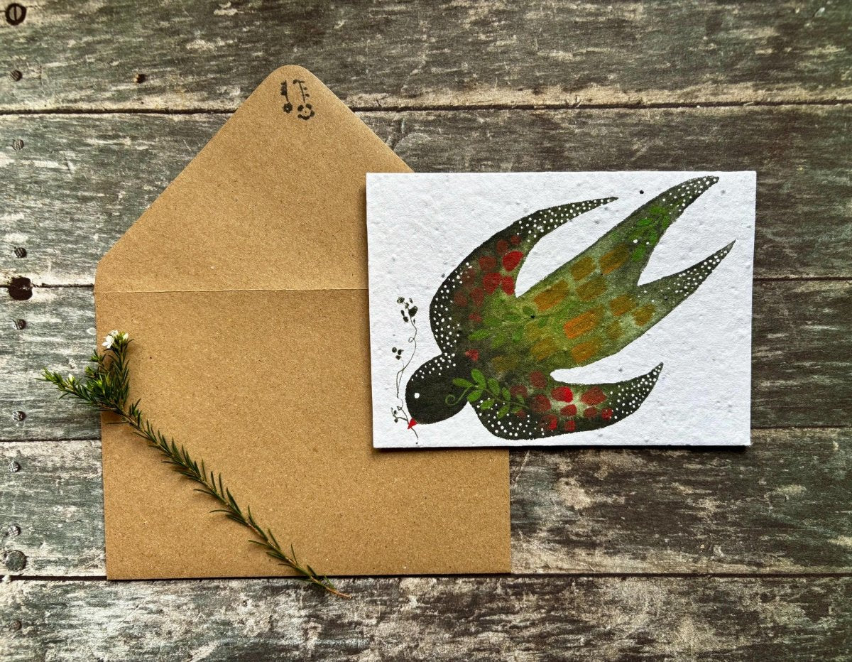 Plantable Seed Paper Card – Swallow Bird Illustration, Eco - Friendly Greeting - Erika's Whimsical Art