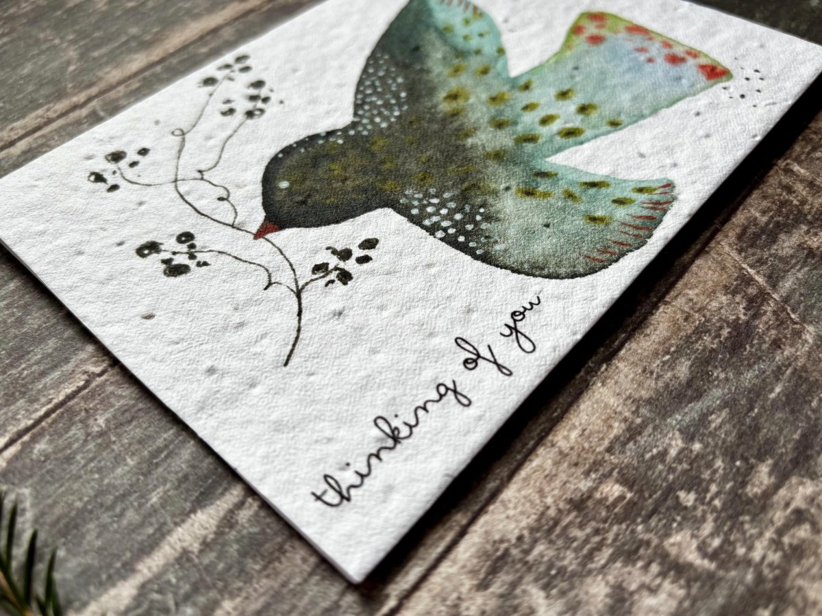 Plantable Seed Paper Card – Thinking of You Bird, Wildflower Seeds - Erika's Whimsical Art