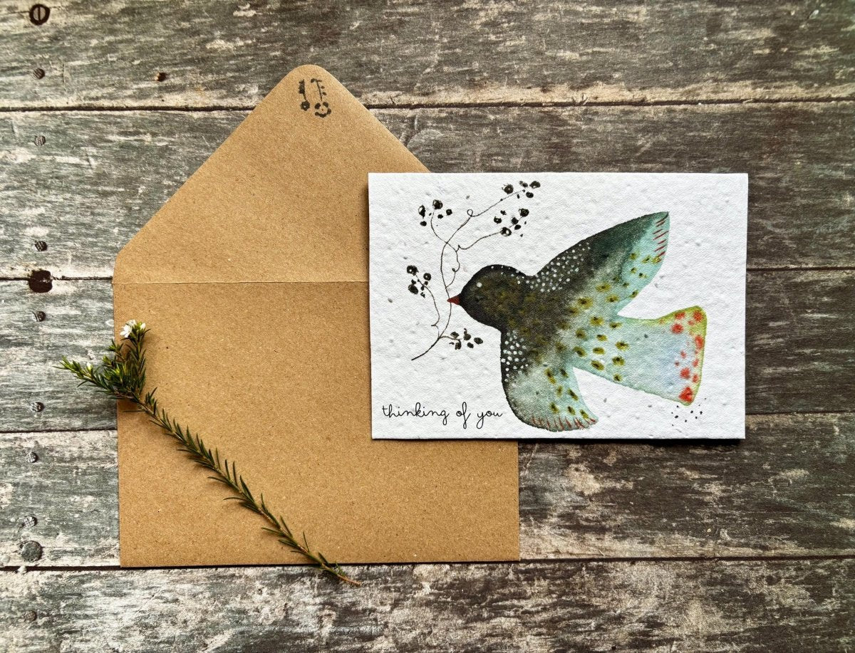 Plantable Seed Paper Card – Thinking of You Bird, Wildflower Seeds - Erika's Whimsical Art