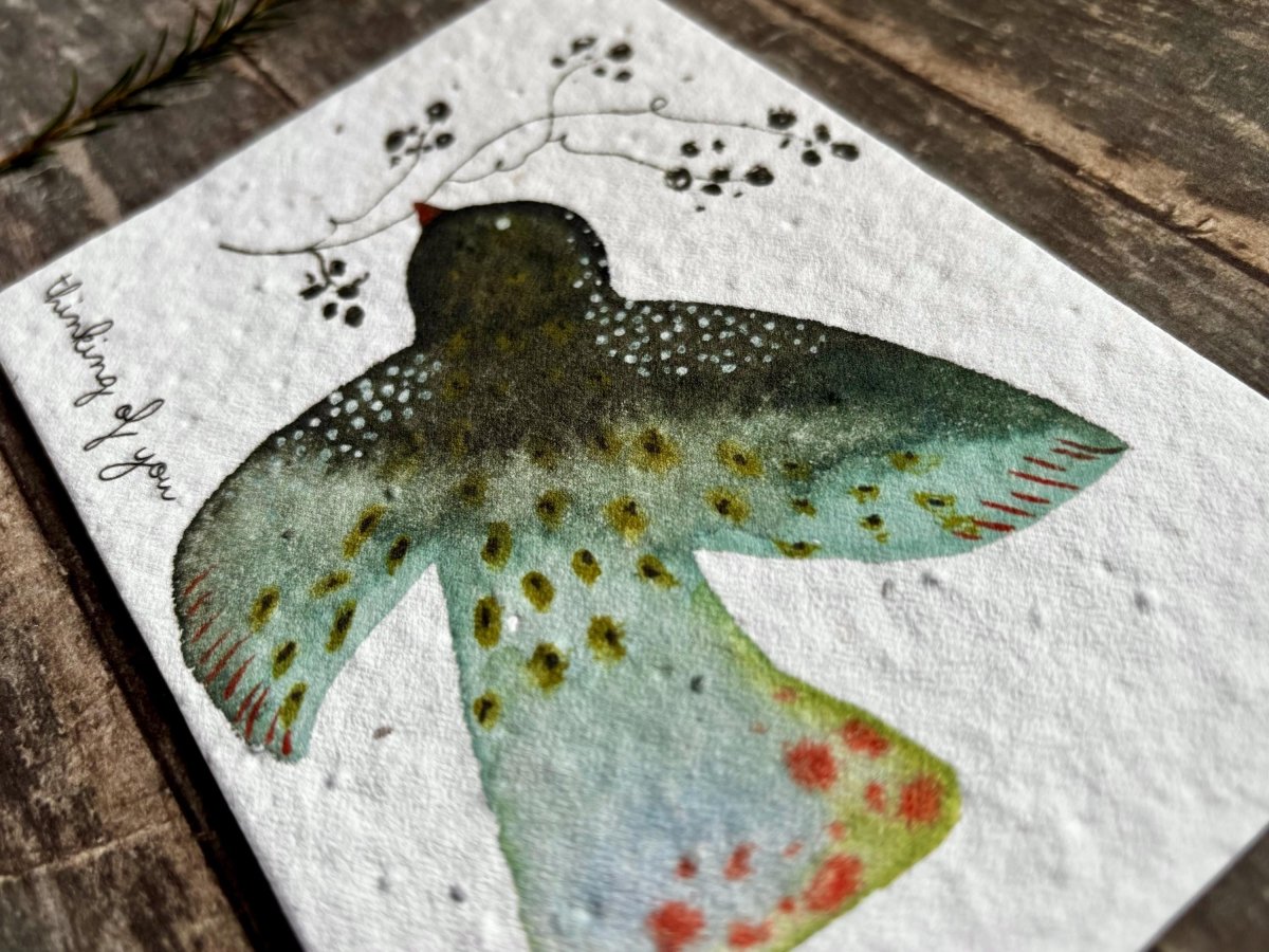 Plantable Seed Paper Card – Thinking of You Bird, Wildflower Seeds - Erika's Whimsical Art