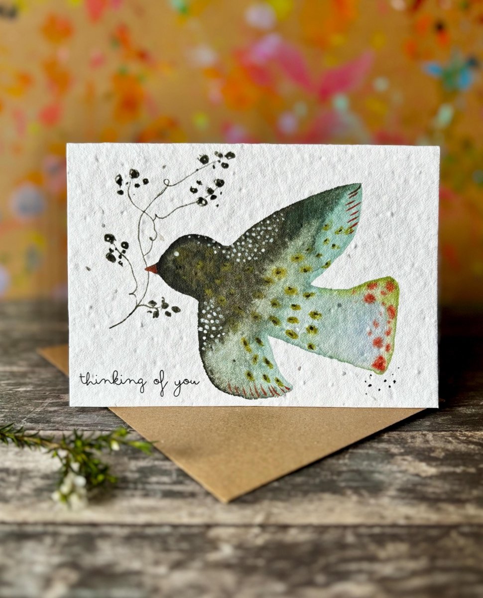 Plantable Seed Paper Card – Thinking of You Bird, Wildflower Seeds - Erika's Whimsical Art