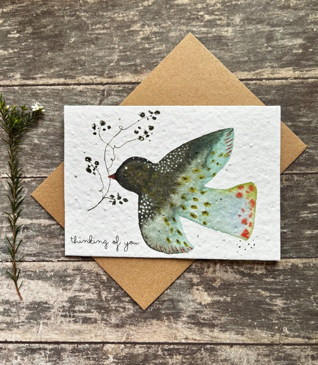 Plantable Seed Paper Card – Thinking of You Bird, Wildflower Seeds - Erika's Whimsical Art