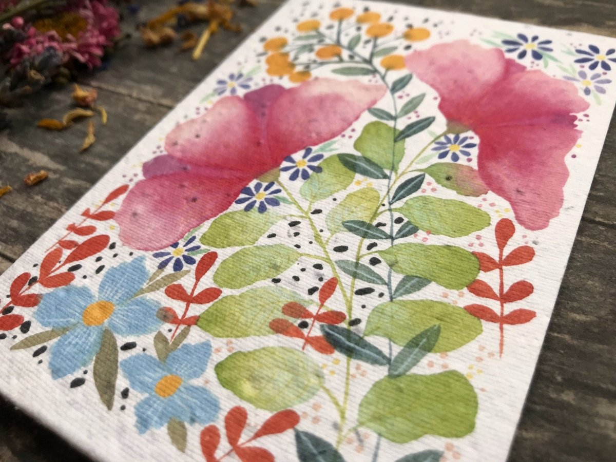 Plantable Seed Paper Card: Watercolor Floral Birthday Greeting - Erika's Whimsical Art