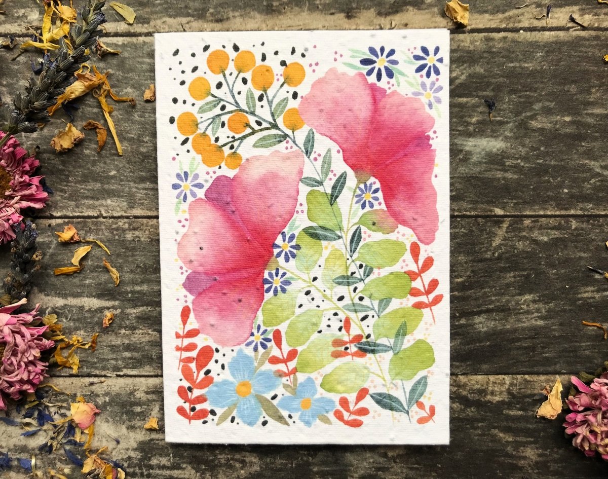 Plantable Seed Paper Card: Watercolor Floral Birthday Greeting - Erika's Whimsical Art