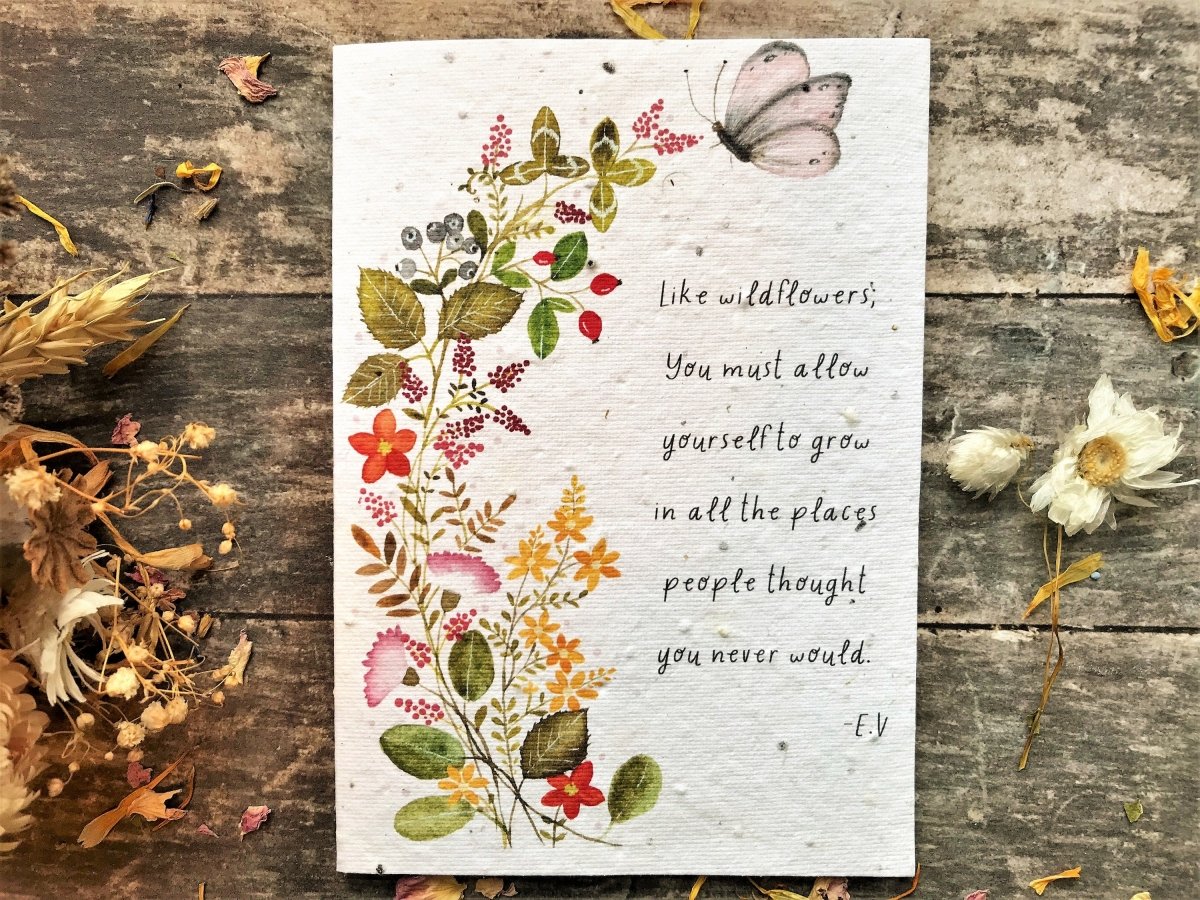 Plantable Seed Paper Card: Watercolor Flowers, Inspirational Quote - Erika's Whimsical Art