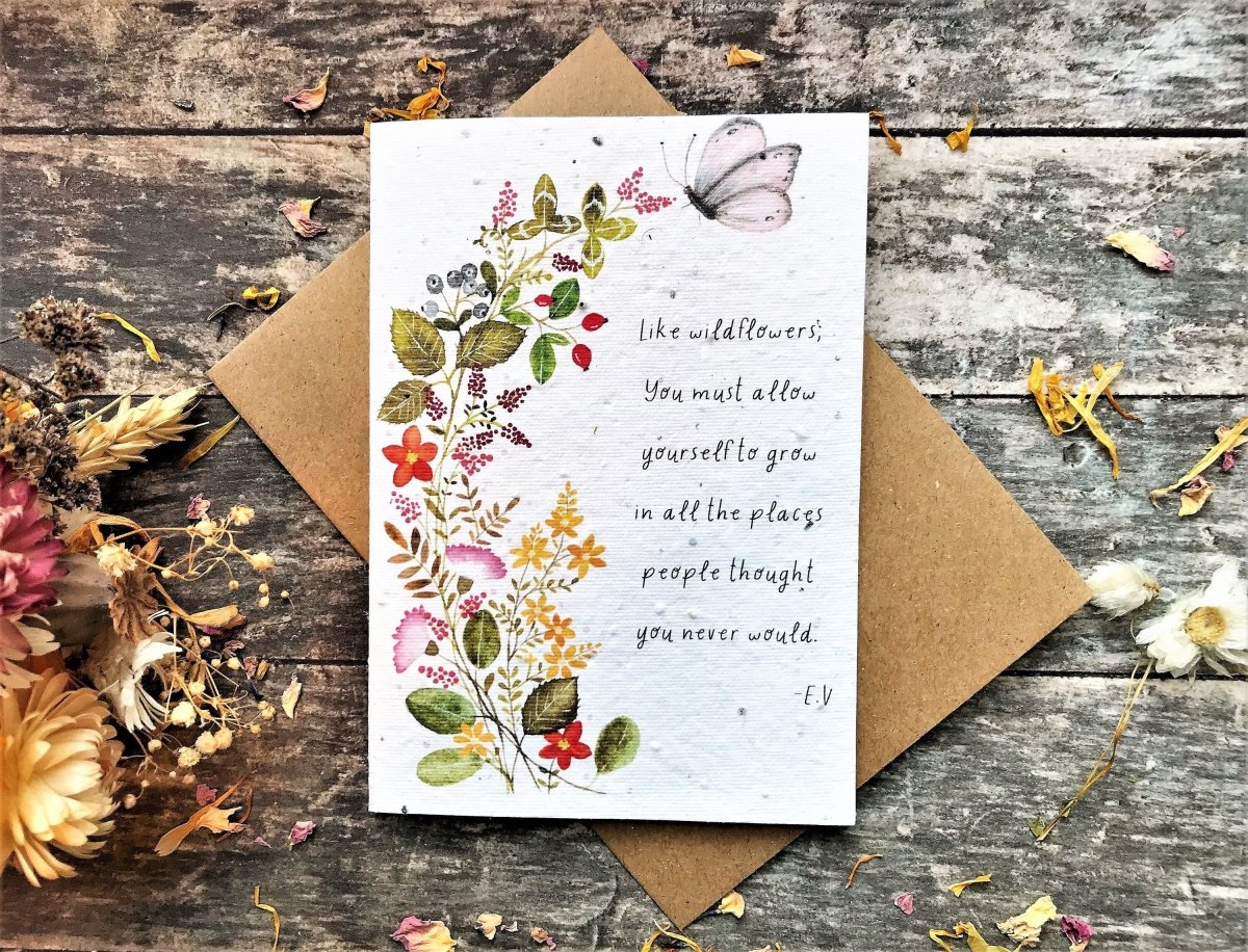 Plantable Seed Paper Card: Watercolor Flowers, Inspirational Quote - Erika's Whimsical Art