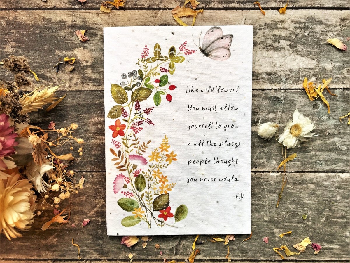 Plantable Seed Paper Card: Watercolor Flowers, Inspirational Quote - Erika's Whimsical Art