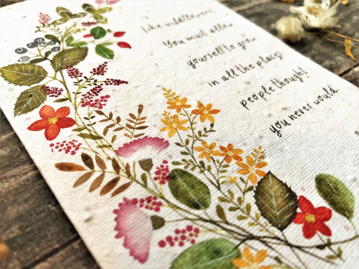 Plantable Seed Paper Card: Watercolor Flowers, Inspirational Quote - Erika's Whimsical Art