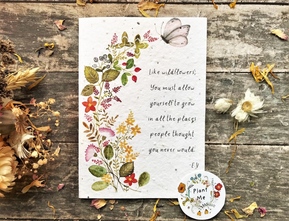 Plantable Seed Paper Card: Watercolor Flowers, Inspirational Quote - Erika's Whimsical Art