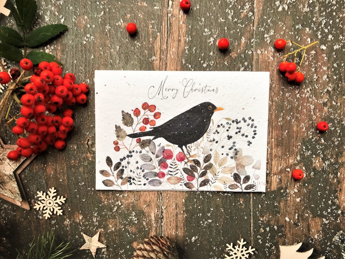 Plantable Seed Paper Christmas Card: Black Bird Illustration, Eco - Friendly Handmade Card - Erika's Whimsical Art