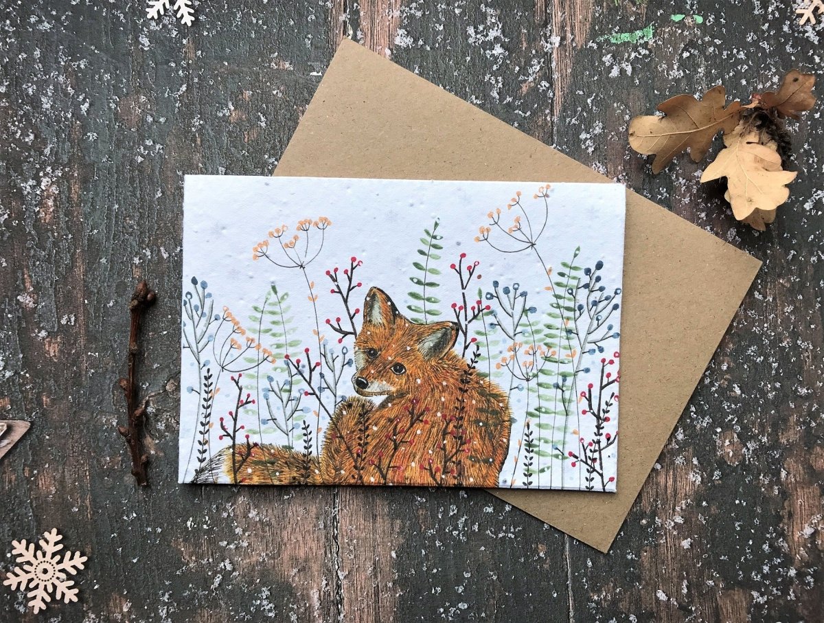 Plantable Seed Paper Christmas Card: Fox Illustration, Eco - Friendly - Erika's Whimsical Art