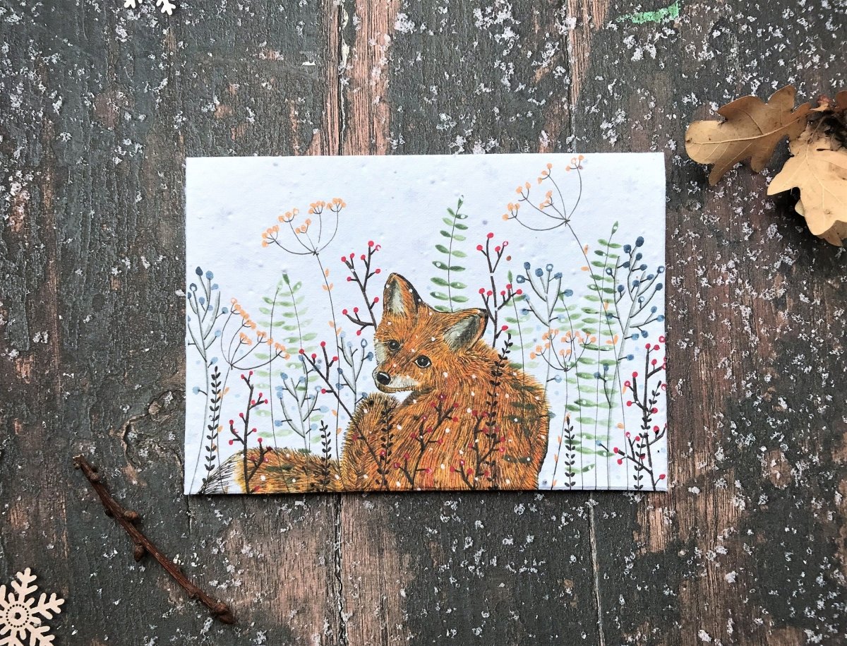 Plantable Seed Paper Christmas Card: Fox Illustration, Eco - Friendly - Erika's Whimsical Art
