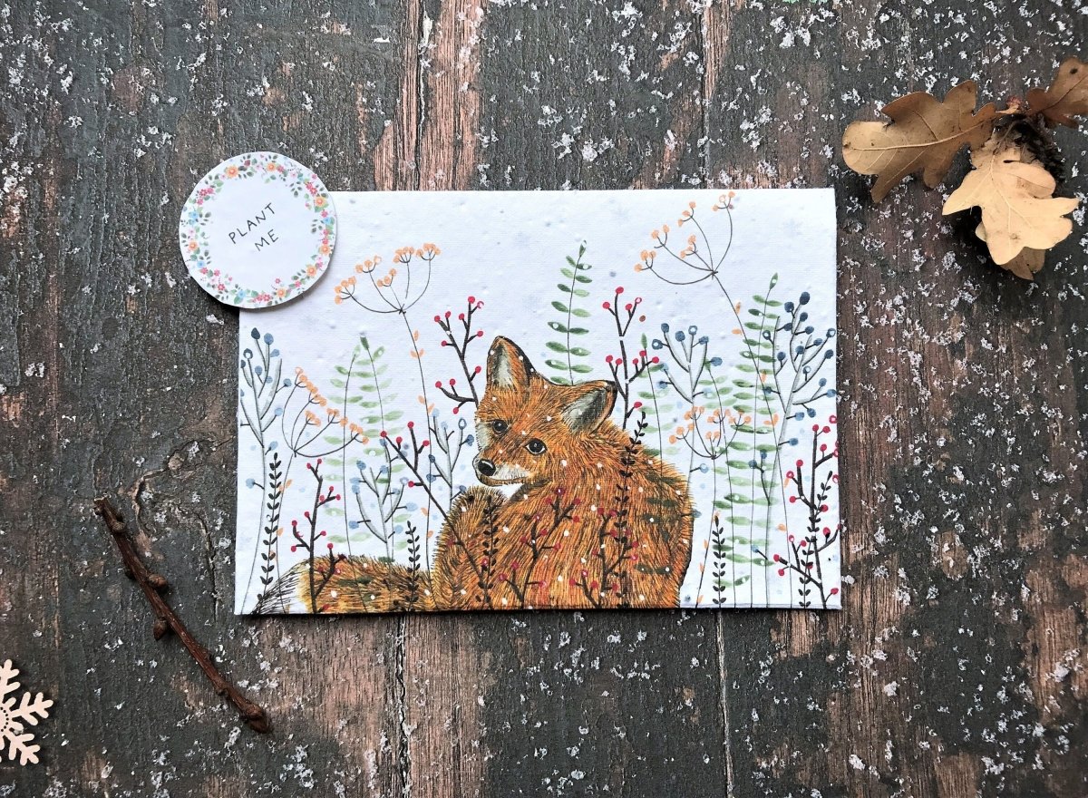 Plantable Seed Paper Christmas Card: Fox Illustration, Eco - Friendly - Erika's Whimsical Art