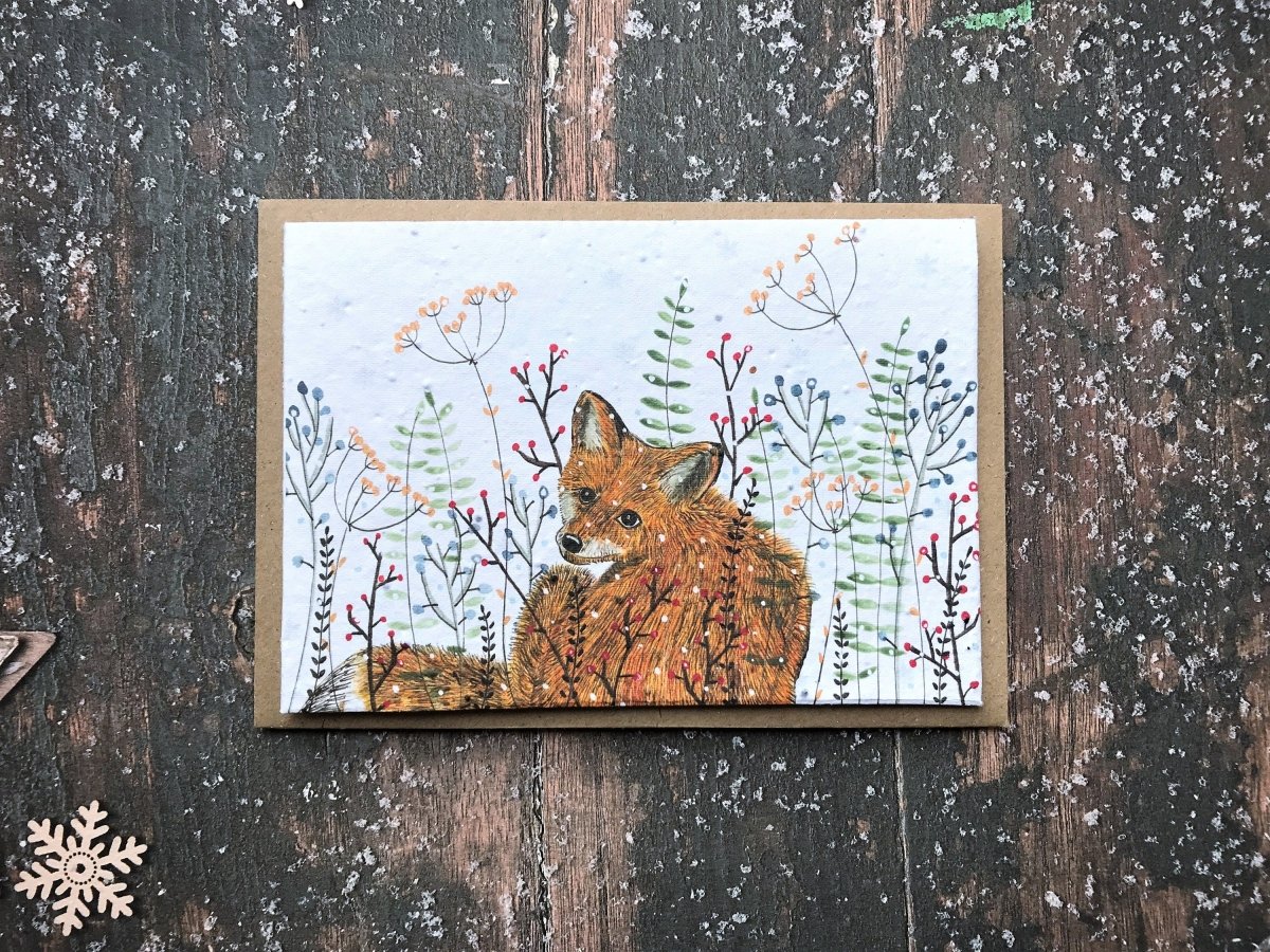 Plantable Seed Paper Christmas Card: Fox Illustration, Eco - Friendly - Erika's Whimsical Art