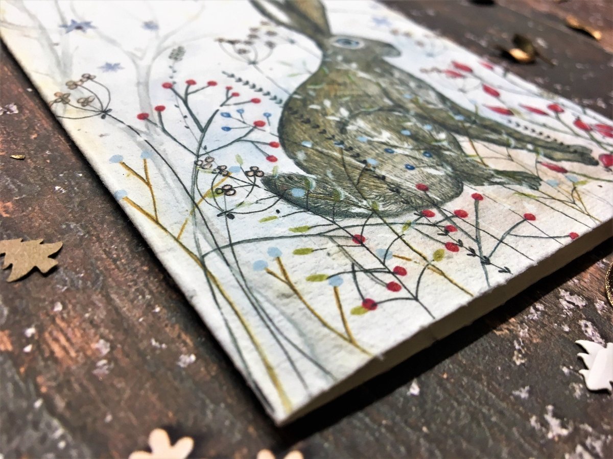 Plantable Seed Paper Christmas Card: Handmade Hare Illustration, Eco - Friendly - Erika's Whimsical Art