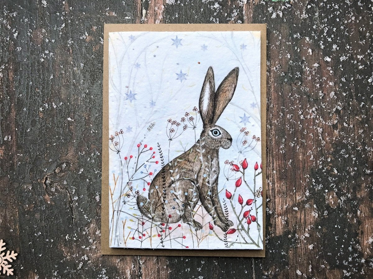 Plantable Seed Paper Christmas Card: Handmade Hare Illustration, Eco - Friendly - Erika's Whimsical Art