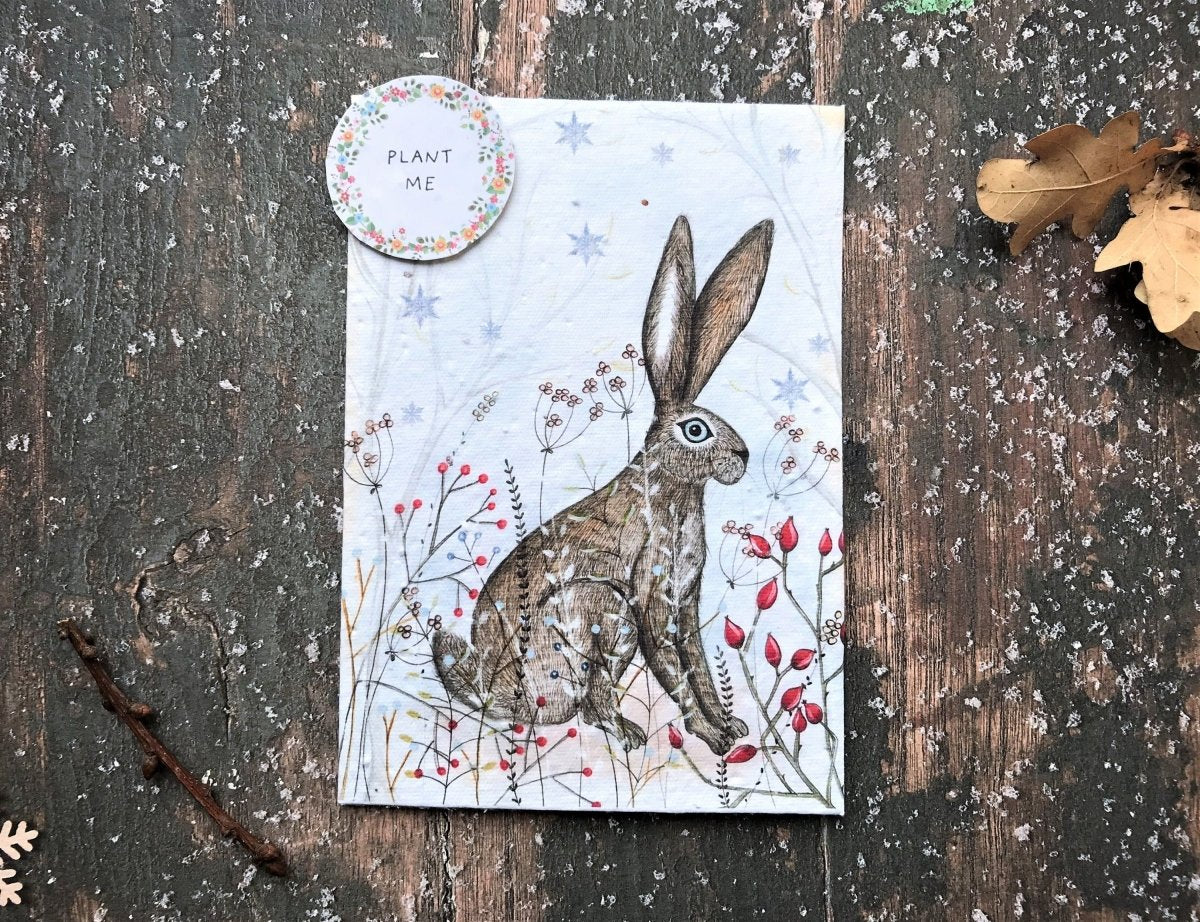 Plantable Seed Paper Christmas Card: Handmade Hare Illustration, Eco - Friendly - Erika's Whimsical Art