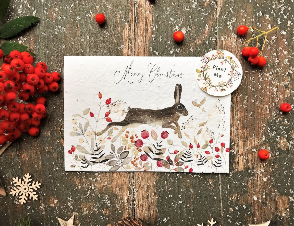 Plantable Seed Paper Christmas Card: Hare Illustration, Eco - Friendly Handmade Card - Erika's Whimsical Art