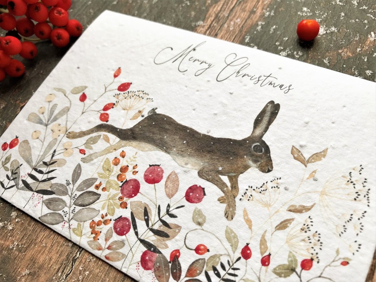 Plantable Seed Paper Christmas Card: Hare Illustration, Eco - Friendly Handmade Card - Erika's Whimsical Art