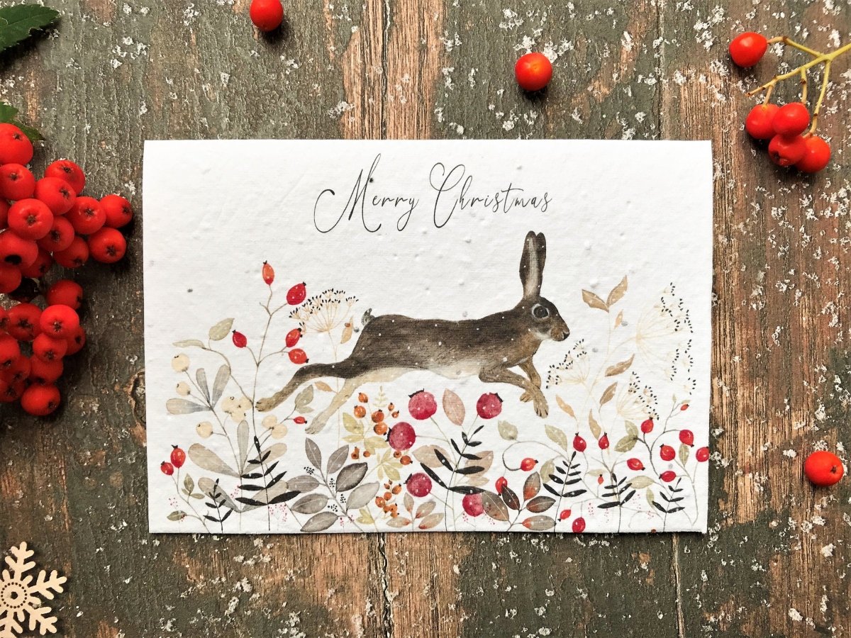 Plantable Seed Paper Christmas Card: Hare Illustration, Eco - Friendly Handmade Card - Erika's Whimsical Art