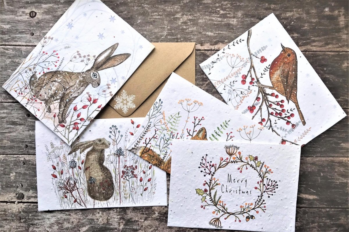 Plantable Seed Paper Christmas Card: Illustrated Floral Wreath, Eco - Friendly - Erika's Whimsical Art