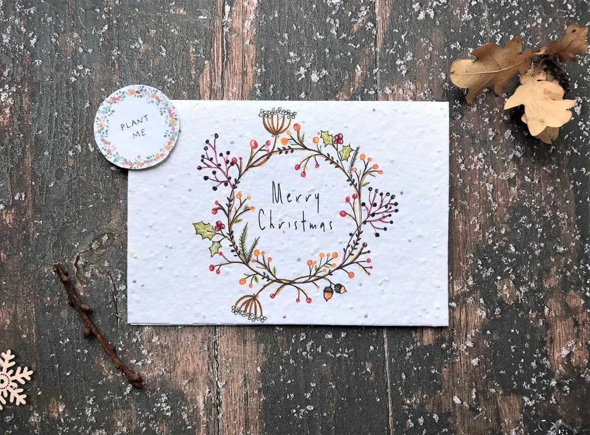 Plantable Seed Paper Christmas Card: Illustrated Floral Wreath, Eco - Friendly - Erika's Whimsical Art